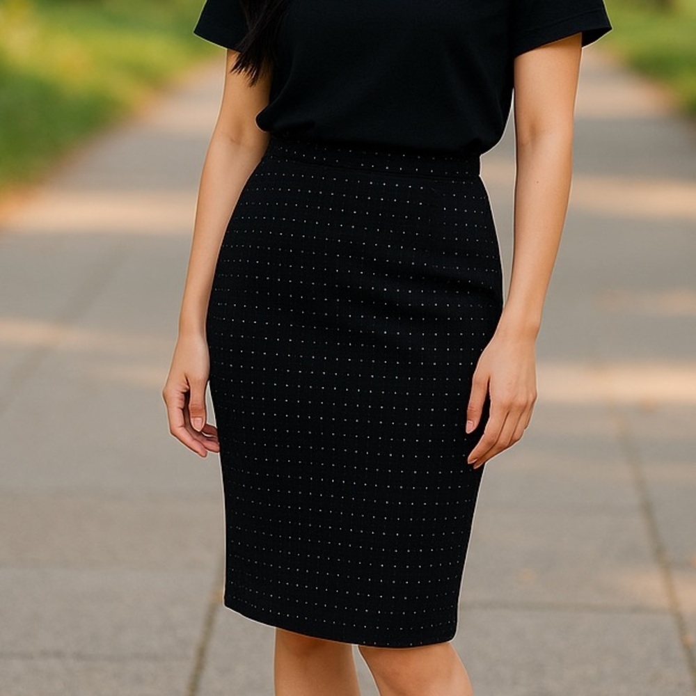 White House Black Market Black Pencil Skirt with Tiny White Dot Pattern